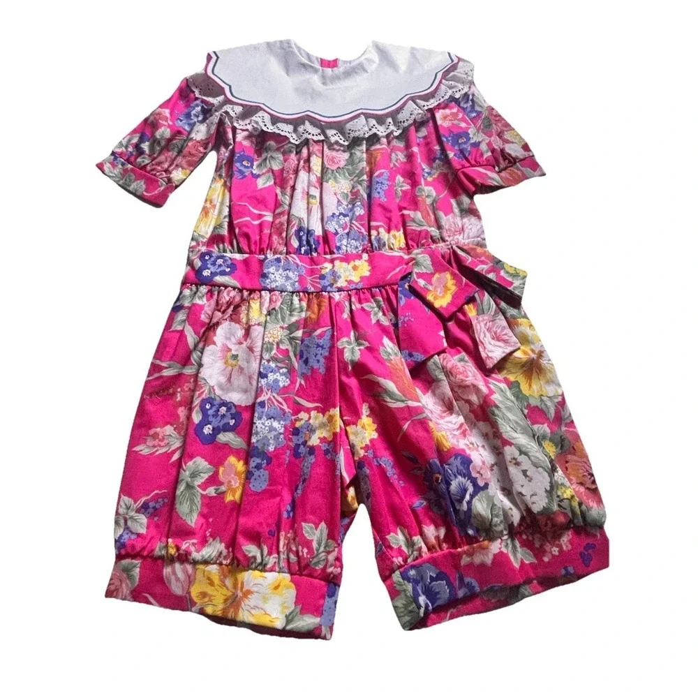 Vintage Chocolate Soup Pink Floral Round Lace Collar Shortalls Romper‎ Outfit 10